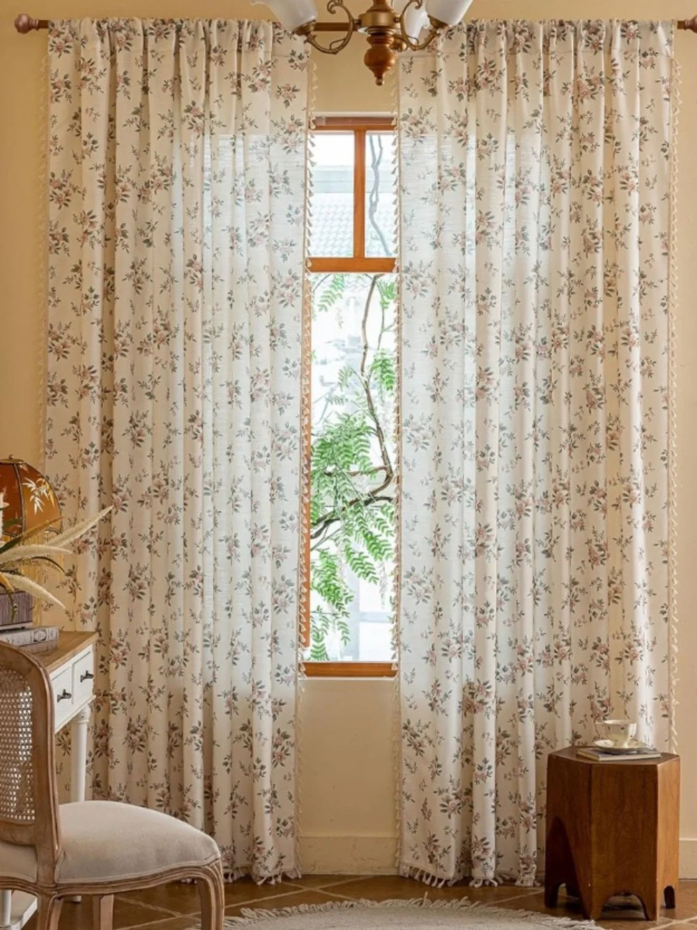 Floral Sheer Window Curtain Drapes in Cream Floral Rose- Home Accents 52W